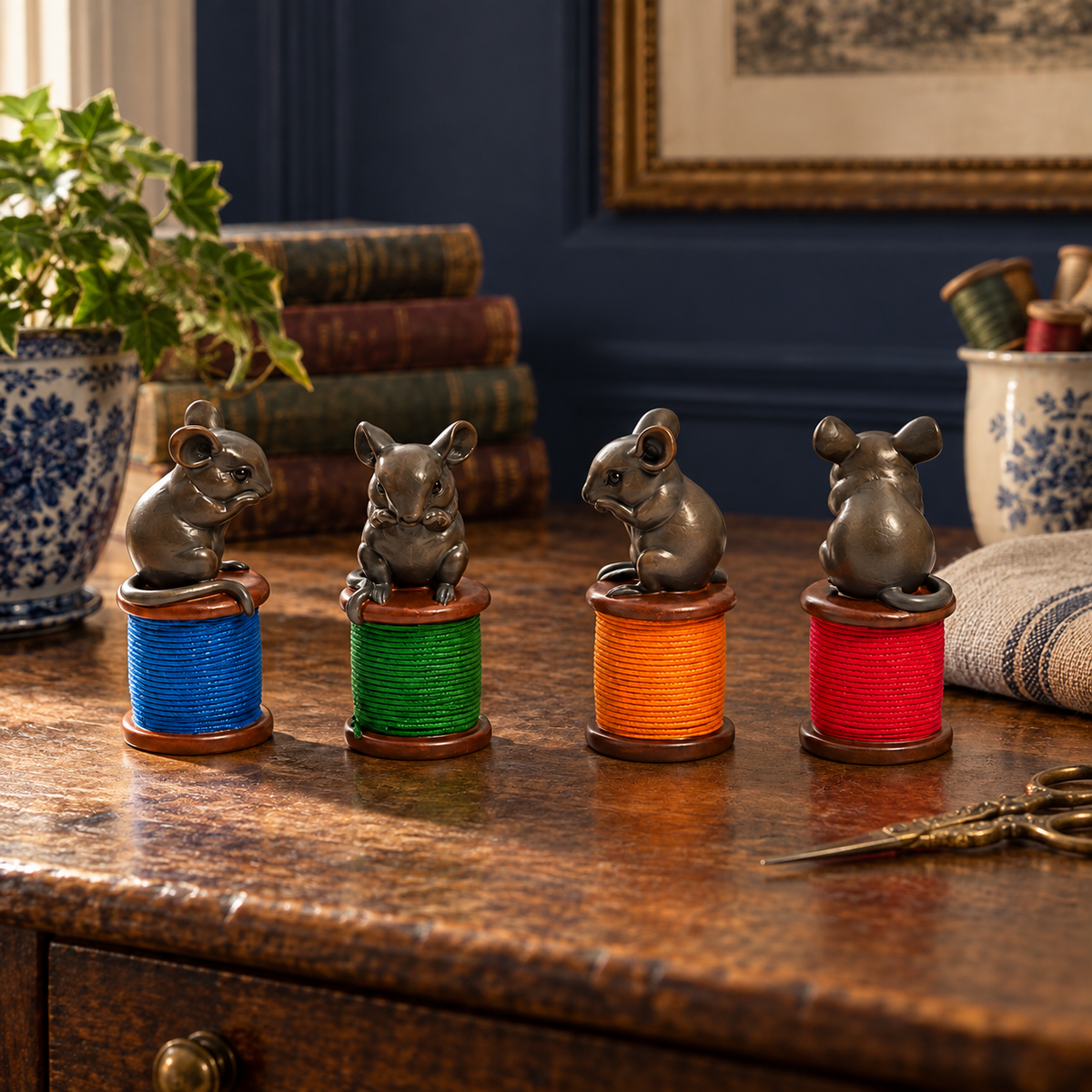 Set of Four Mice on Colourful Cotton Reels