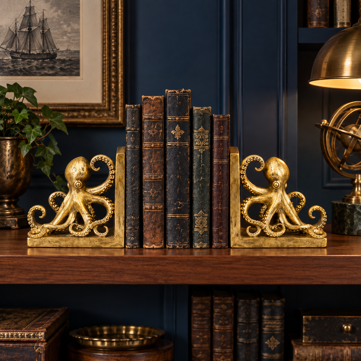 Pair of Gold Octopus Bookends