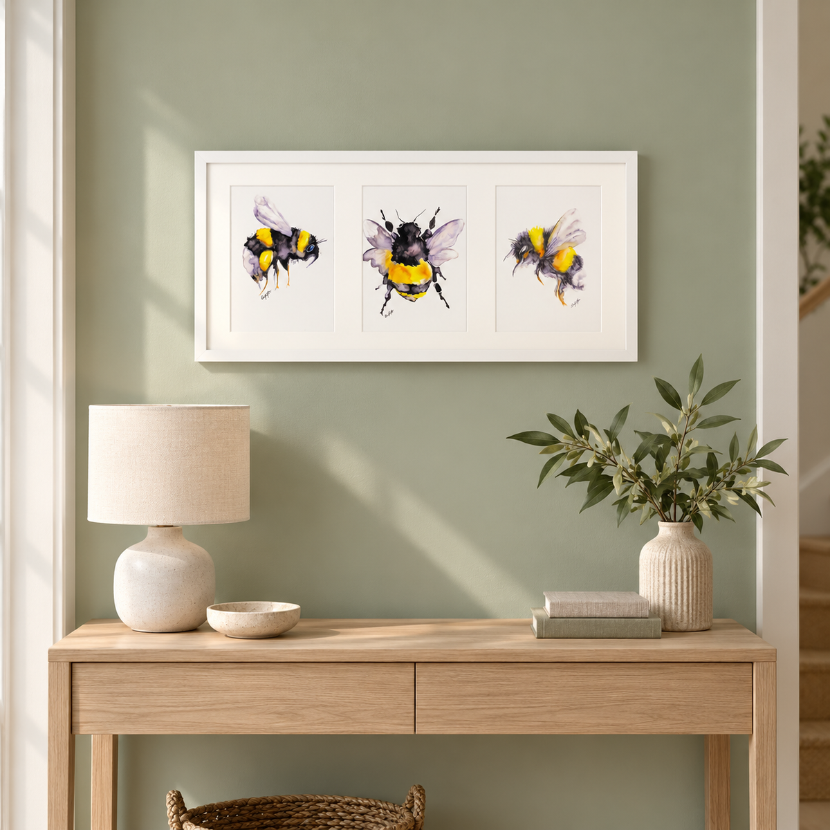Framed Bumblebee Triptych – Three A5 Watercolour Prints