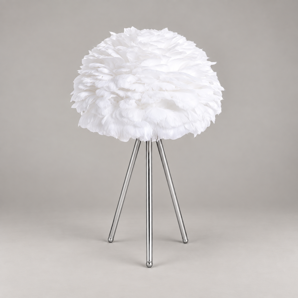 Chrome Tripod Table Lamp with White Feather Shade