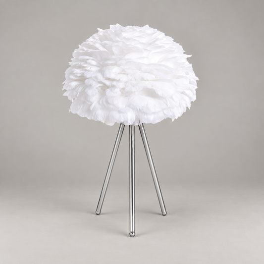 Chrome Tripod Table Lamp with White Feather Shade