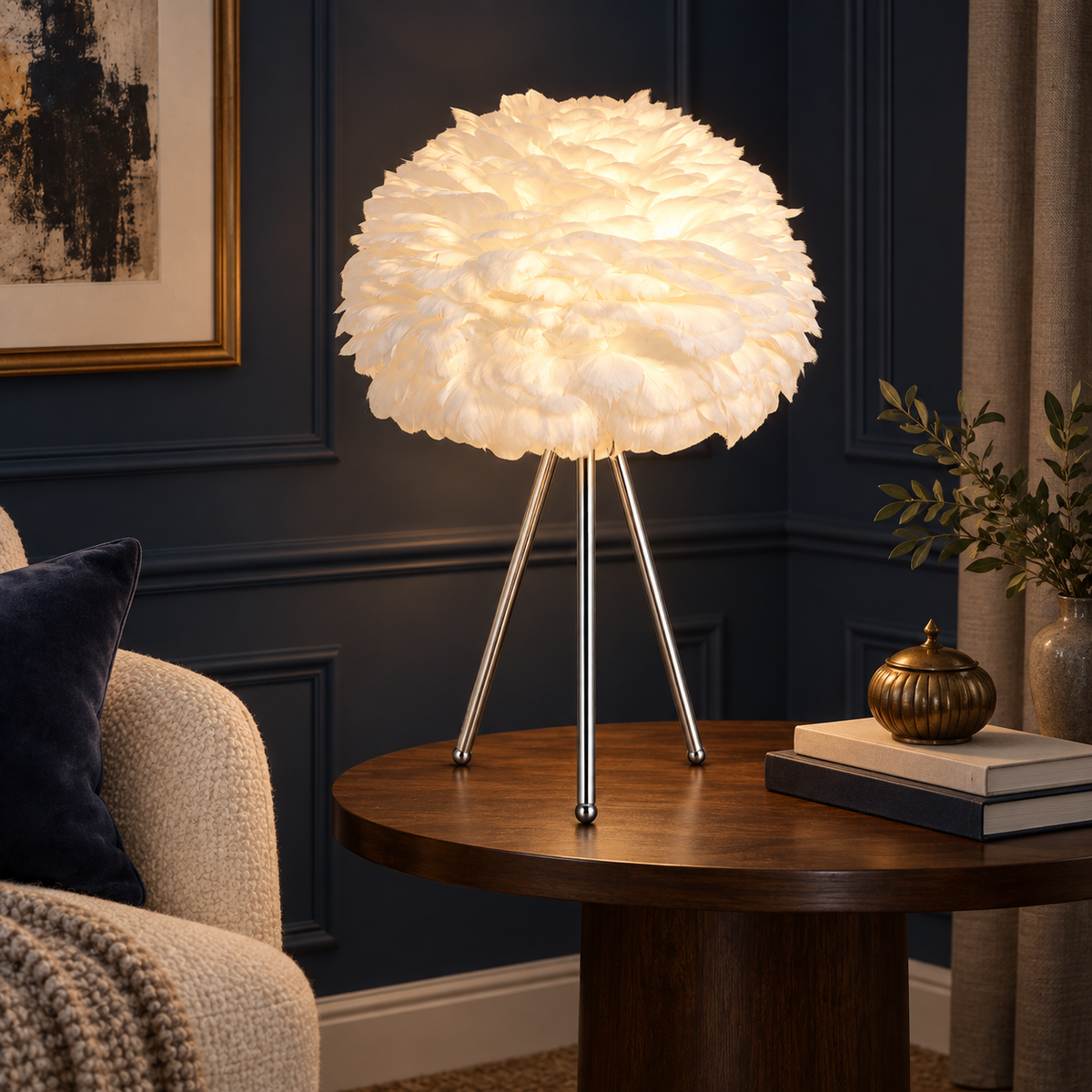 Chrome Tripod Table Lamp with White Feather Shade