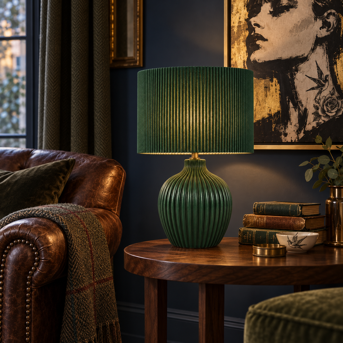 Forest Green Table Lamp with Ribbed Corded Shade