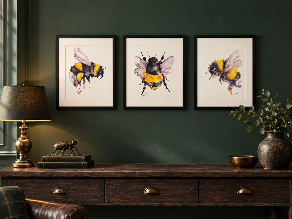 Set of Three Framed Bumblebee Watercolour Prints