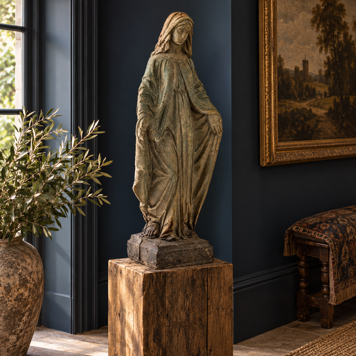 Large Antiqued Stone-Effect Madonna Figure