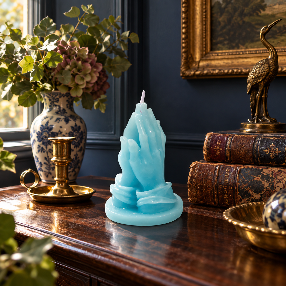 Pale Blue Praying Hands Candle