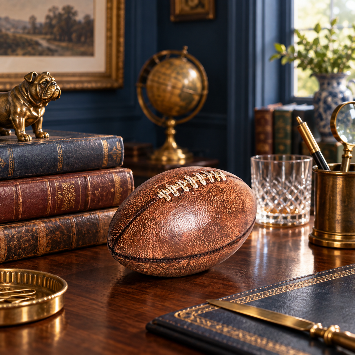 Small Antique Leather-Style Rugby Ball Desk Ornament
