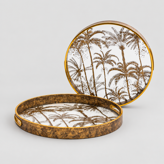 Set of 2 Dark Gold Palm Tree Serving Trays