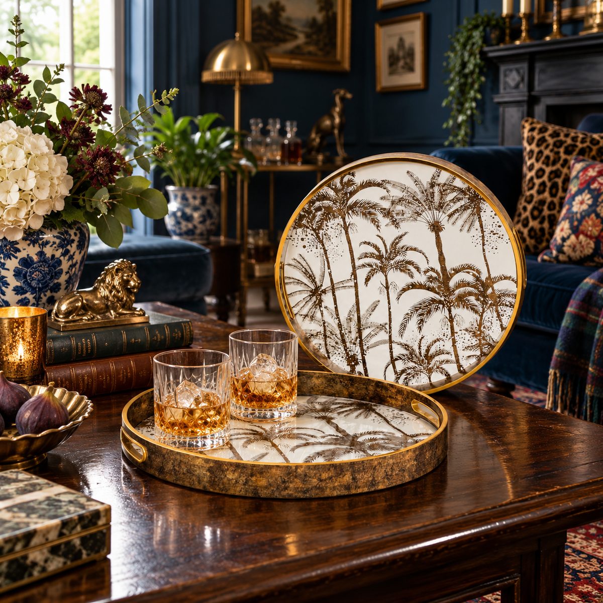 Set of 2 Dark Gold Palm Tree Serving Trays