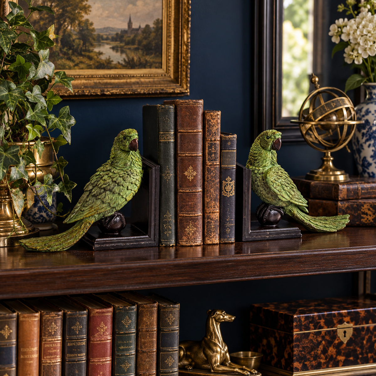 Pair of Green Parrot on Ball Bookends