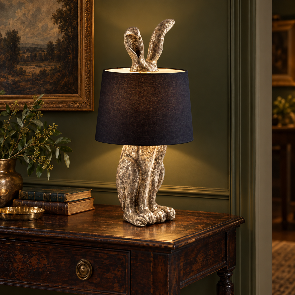 Antique Silver Rabbit Table Lamp with Black Shade