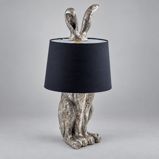 Antique Silver Rabbit Table Lamp with Black Shade