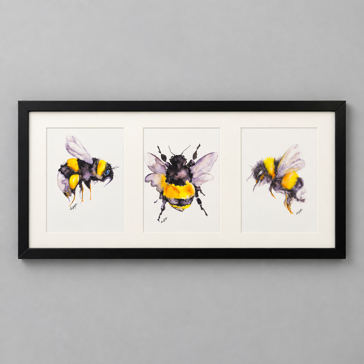 Framed Bumblebee Triptych – Three A5 Watercolour Prints