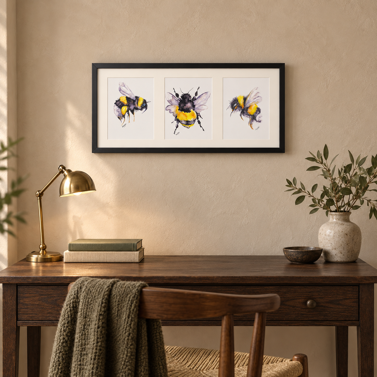 Framed Bumblebee Triptych – Three A5 Watercolour Prints